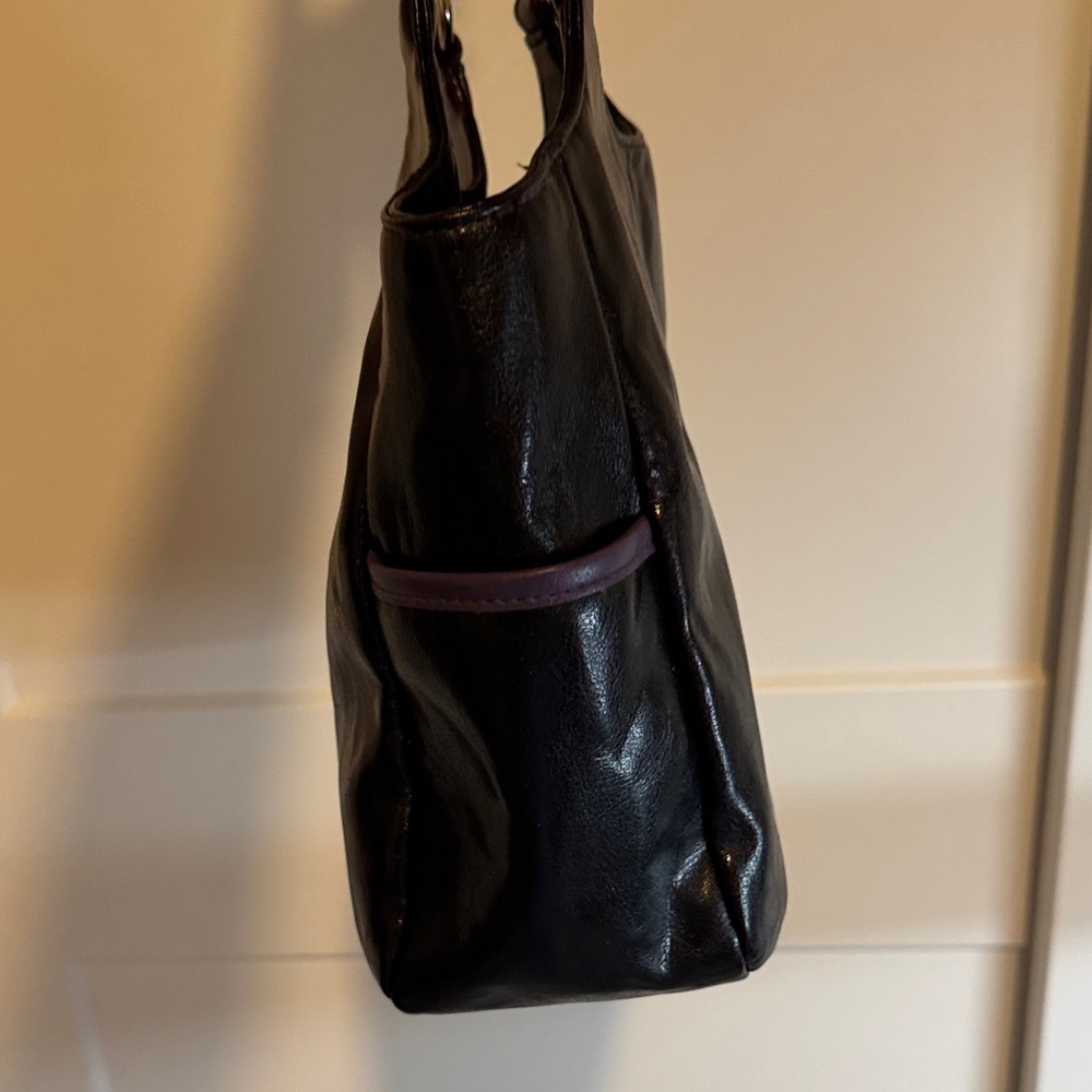 Black Faux Leather Letter K Shoulder Bag with Purple Accent and Silver Hardware - Picture 7 of 10